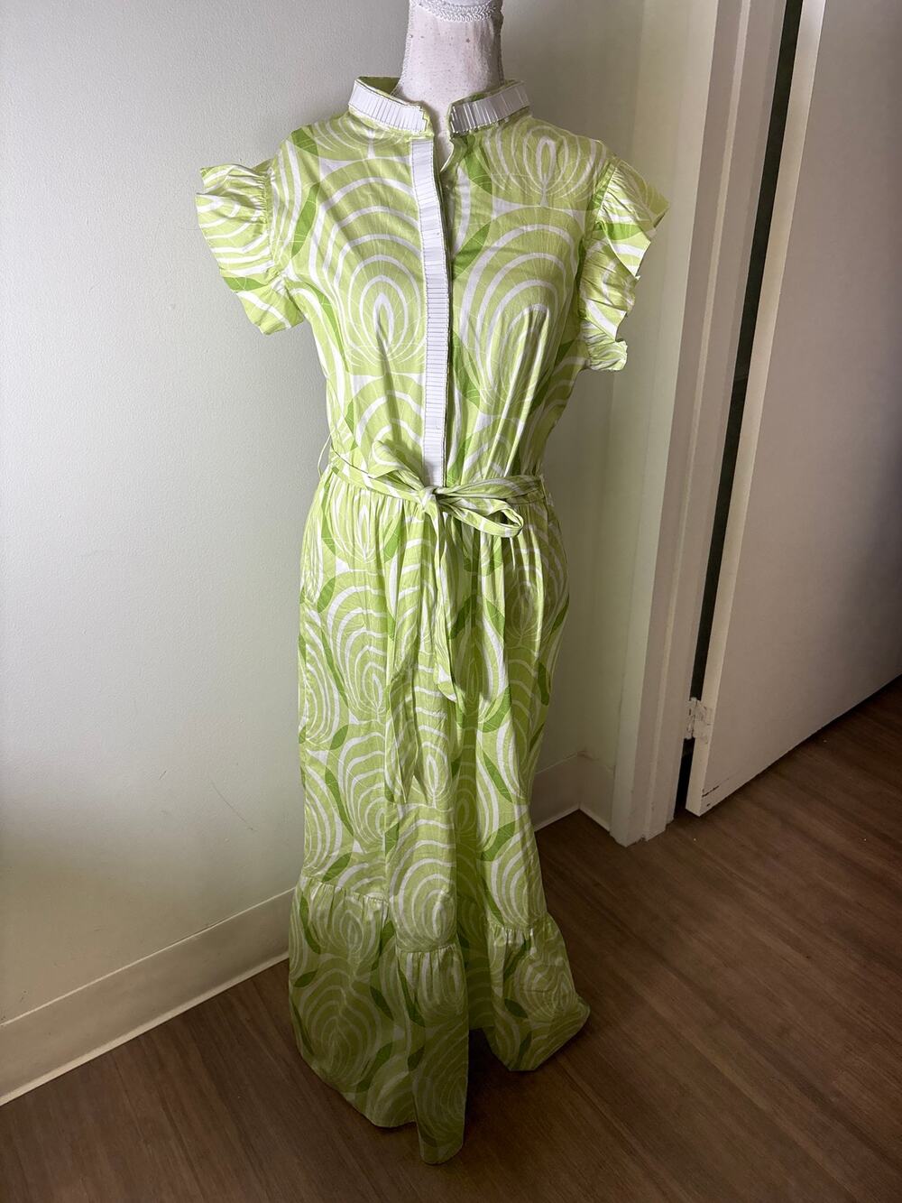 Sheridan French Lime Green White Flutter Sleeve Maxi Dress Sz L